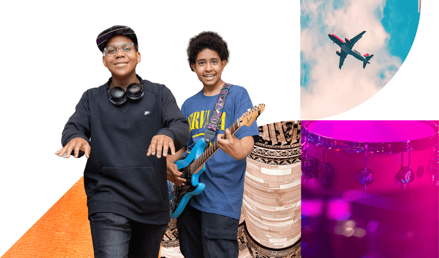 Two students posing with musical instruments, layered with a plane, artistic ceiling, and drums against a vibrant background.