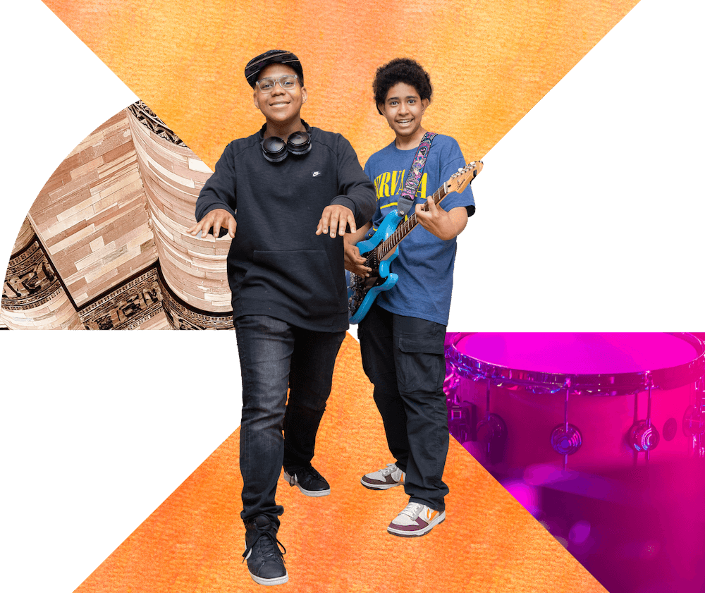 Two students posing with musical instruments, layered with a plane, artistic ceiling, and drums against a vibrant background.