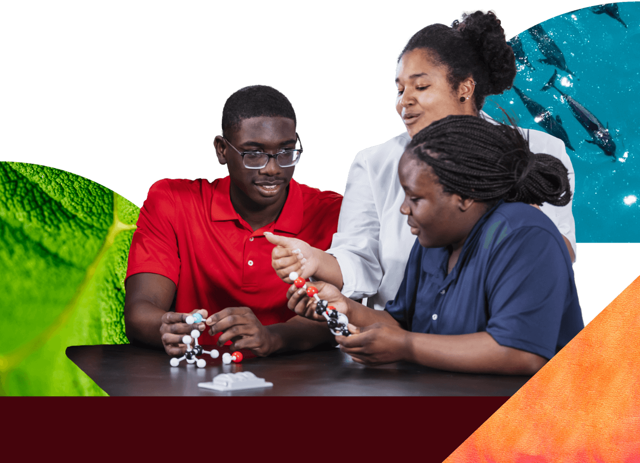 Three people examining molecular models at a table, with a background featuring nature and abstract elements.