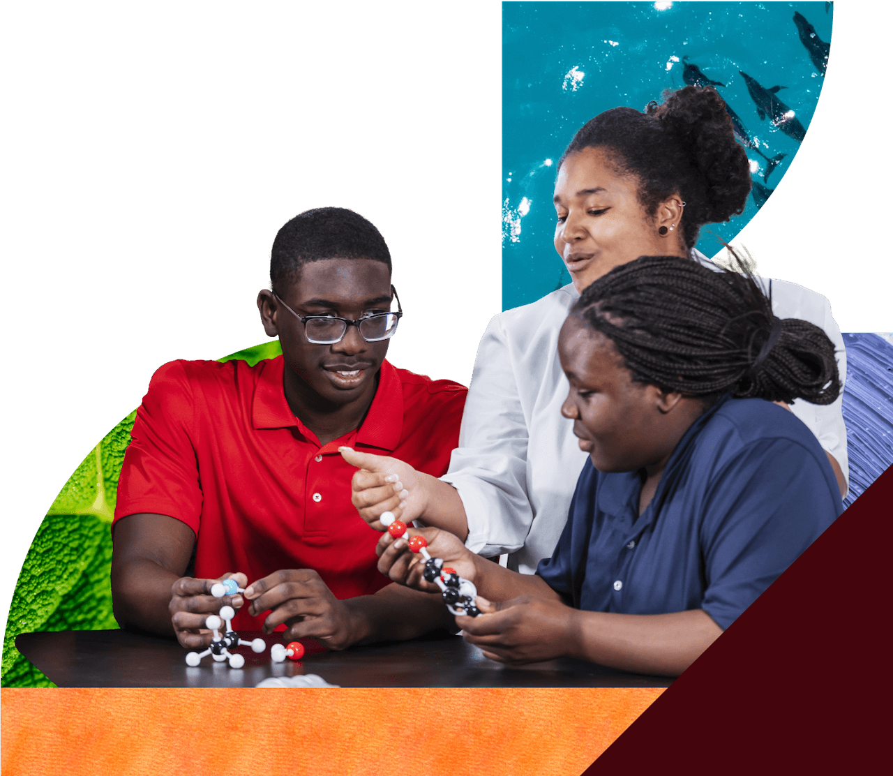 Three people examining molecular models at a table, with a background featuring nature and abstract elements.